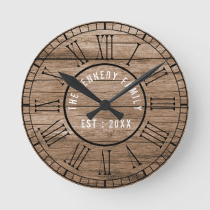 Rustic Barn Wood Farmhouse Black Roman Numerals Round Clock