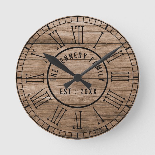 Rustic Barn Wood Farmhouse Black Roman Numerals Round Clock (Front)