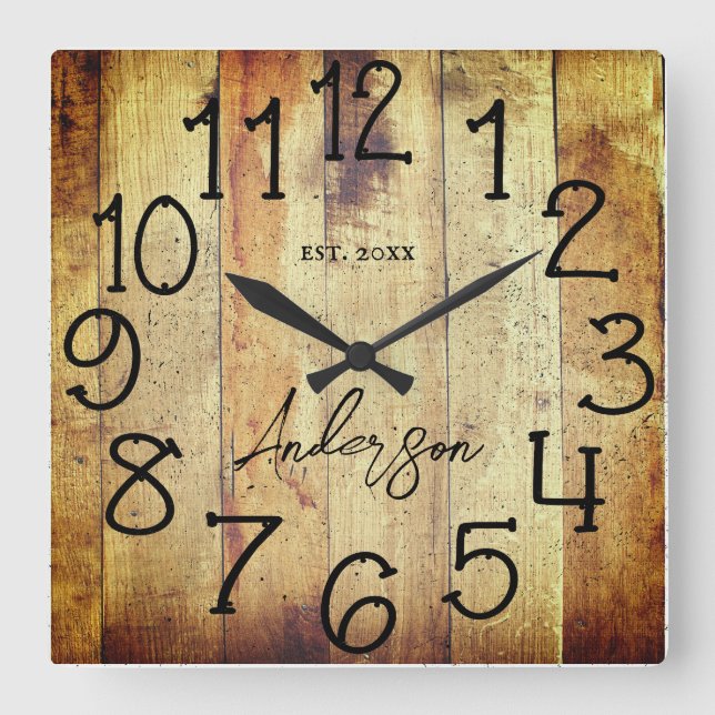 Rustic Barn Wood Farmhouse Custom Family Name Squa Square Wall Clock (Front)