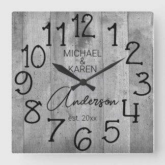 Rustic Barn Wood Farmhouse Custom Family Name Squa Square Wall Clock