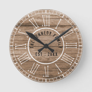 Rustic Barn Wood Farmhouse White Roman Numerals Round Clock