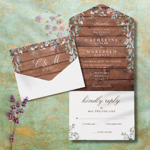 Rustic Barn Wood Floral Greenery Cascade Wedding All In One Invitation