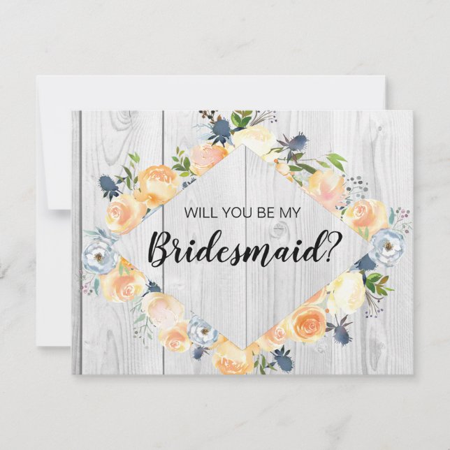 Rustic Barn Wood Floral Peach Bridesmaid Proposal Invitation (Front)