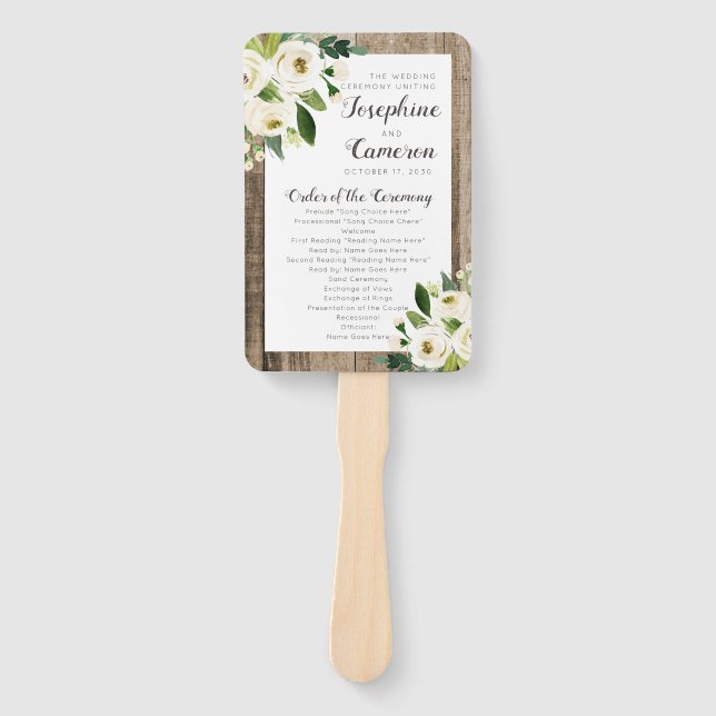 Rustic Barn Wood Floral Wedding Ceremony Program Hand Fan (Front)