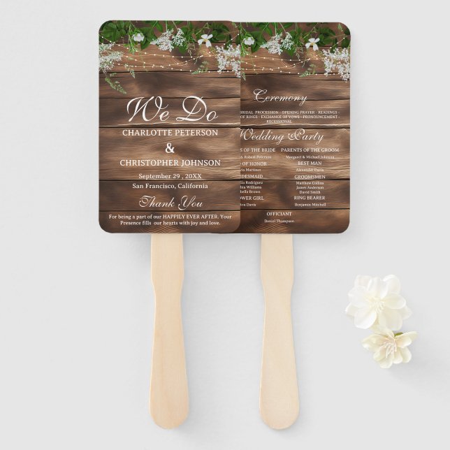 Rustic  Barn Wood Floral Wedding Program Hand Fan (Front and Back)