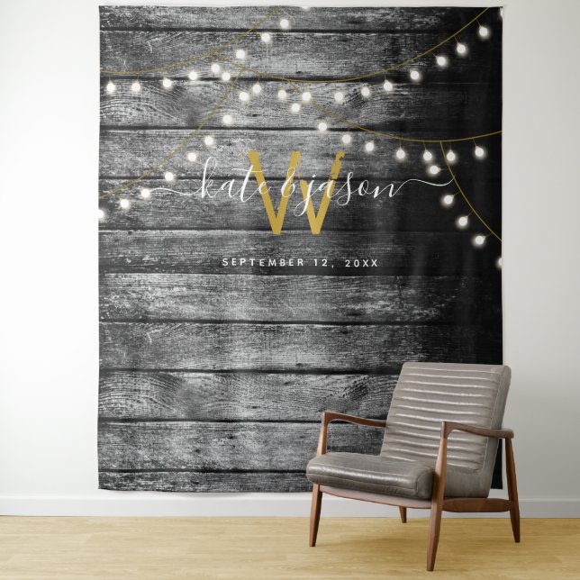 Rustic Barn Wood Gold  Lights Wedding Backdrop Tapestry (In Situ)