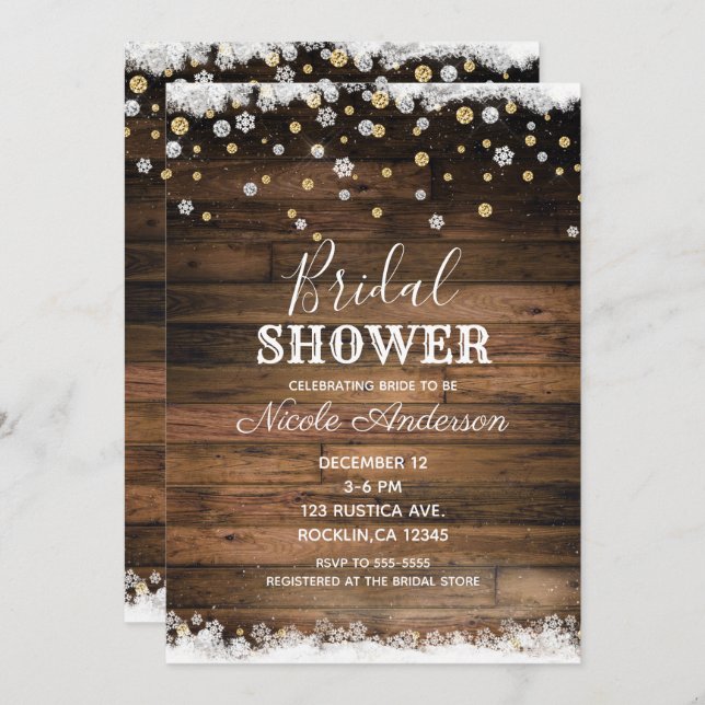 Rustic Barn Wood Gold Silver Winter Bridal Shower Invitation (Front/Back)