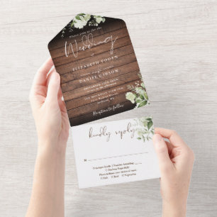 Rustic Barn Wood Greenery Floral Wedding All In One Invitation