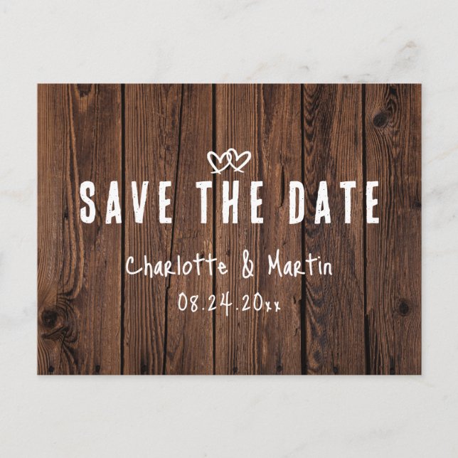 Rustic Barn Wood Hearts Wedding Save The Date Postcard (Front)