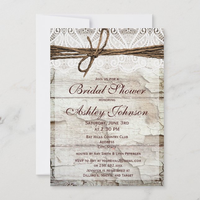 Rustic Barn Wood Lace Bridal Shower Invitations (Front)