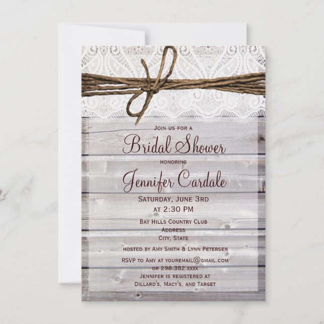Rustic Barn Wood Lace Bridal Shower Invitations (Front)
