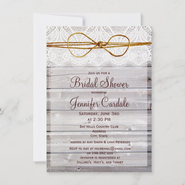 Rustic Barn Wood Lace Bridal Shower Invitations (Front)