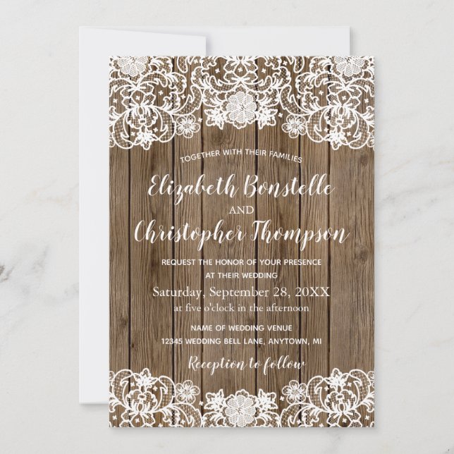 Rustic Barn Wood Lace Calligraphy Wedding Invitation (Front)