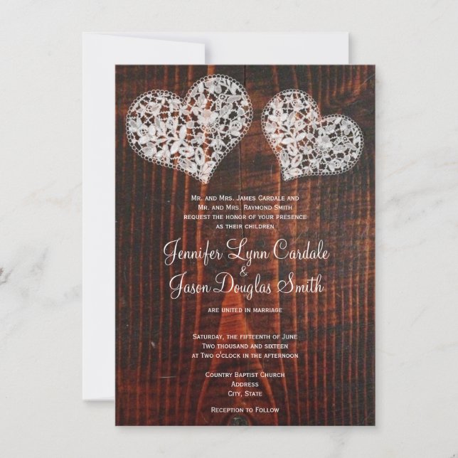 Rustic Barn Wood Lace Hearts Wedding Invitations (Front)