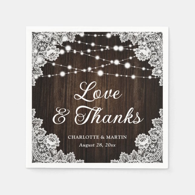 Rustic Barn Wood Lace Love and Thanks Wedding Napkin (Front)