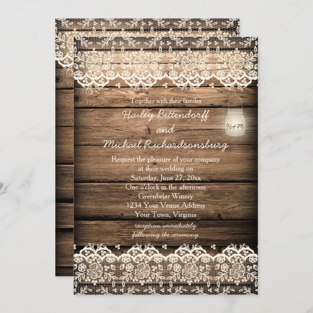 Rustic Barn Wood Lace Mason Jar Wedding Invitation (Front/Back)