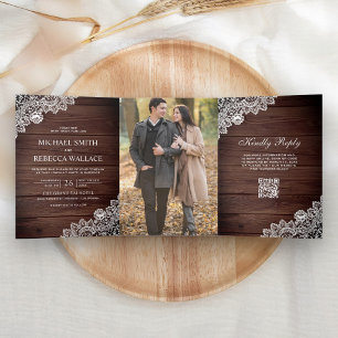 Rustic Barn Wood Lace Photo QR Code Wedding Tri-Fold Invitation