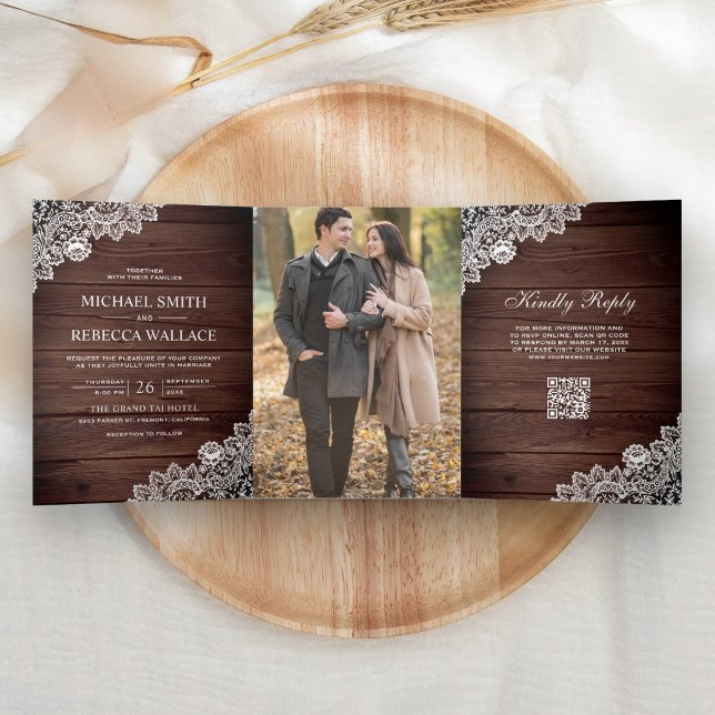 Rustic Barn Wood Lace Photo QR Code Wedding Tri-Fold Invitation (Creator Uploaded)