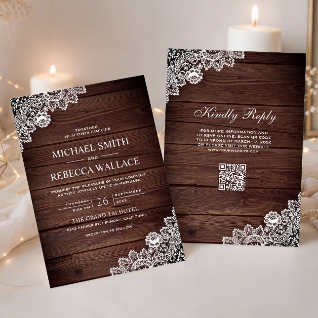 Rustic Barn Wood Lace QR Code Wedding Invitation (Creator Uploaded)