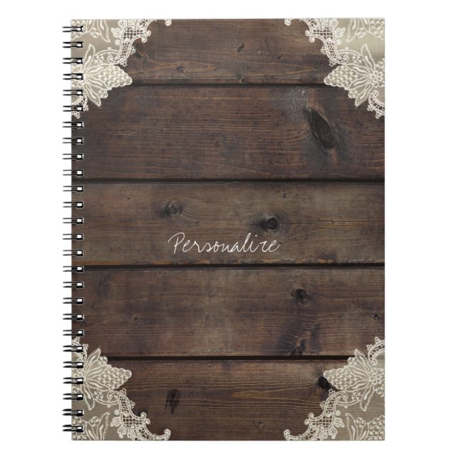 Rustic Barn Wood & Lace Romantic Elegant Custom Spiral Notebook (Front)