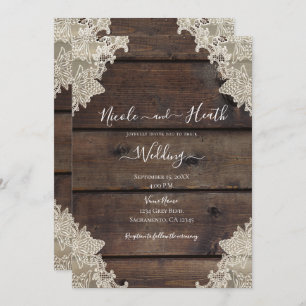 Rustic Barn Wood & Lace Romantic Elegant Wedding Invitation
