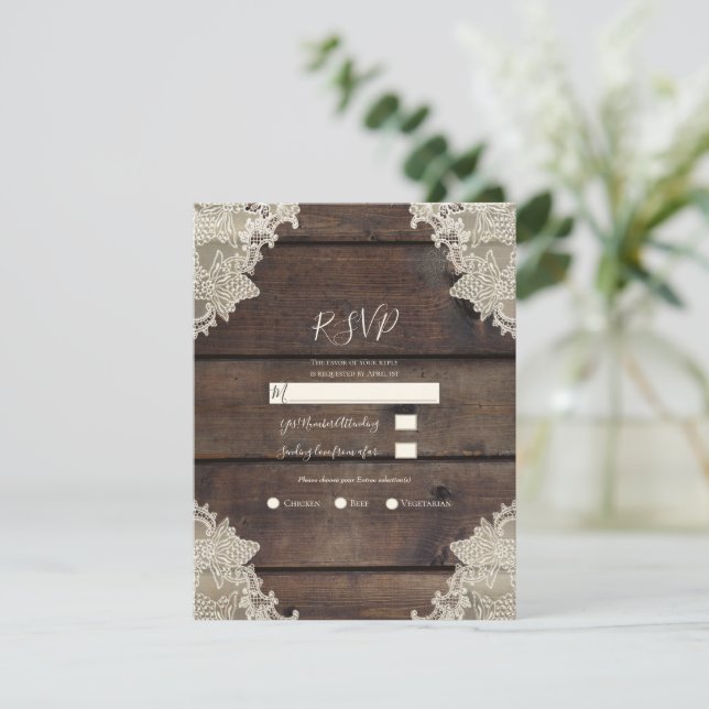 Rustic Barn Wood & Lace Romantic RSVP reply Invitation (Standing Front)