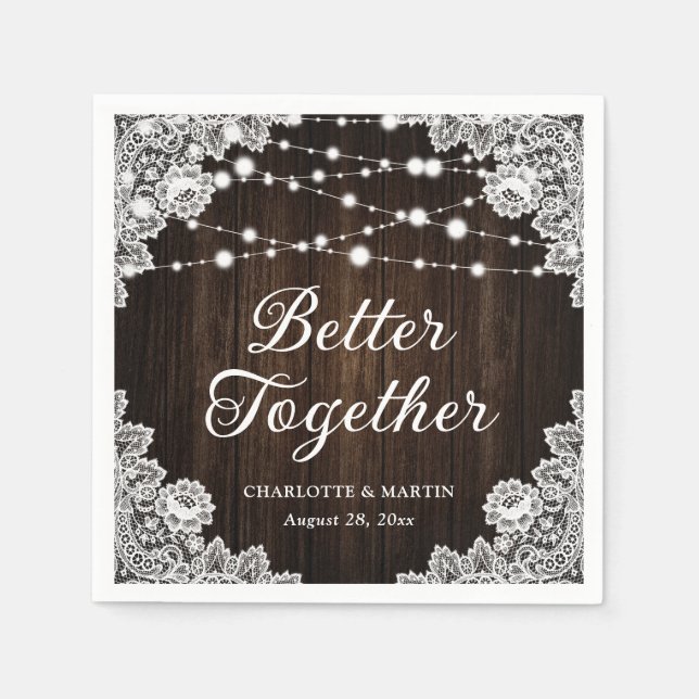 Rustic Barn Wood Lace String Lights Wedding Napkin (Front)