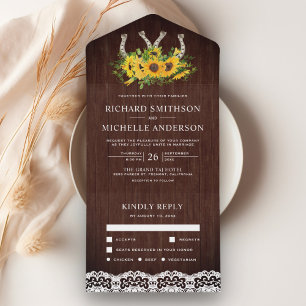 Rustic Barn Wood Lace Sunflower Horseshoes Wedding All In One Invitation