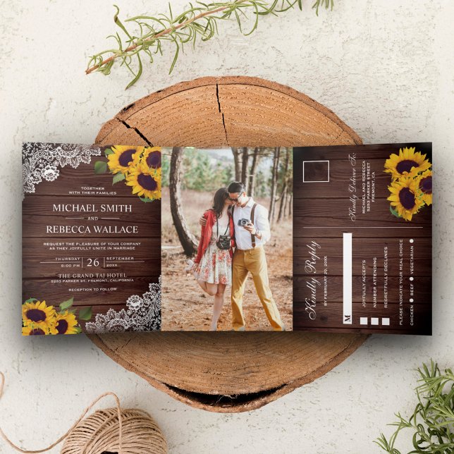 Rustic Barn Wood Lace Sunflower Wedding Photo Tri-Fold Invitation (Creator Uploaded)