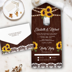 Rustic Barn Wood Lace Sunflowers Mason Jar Wedding All In One Invitation