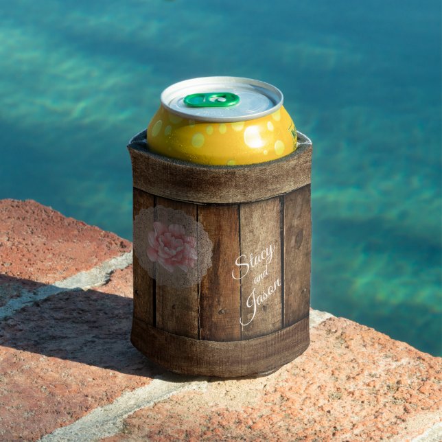 Rustic Barn Wood & Lace Wedding Favour Can Cooler (In Situ Pool)