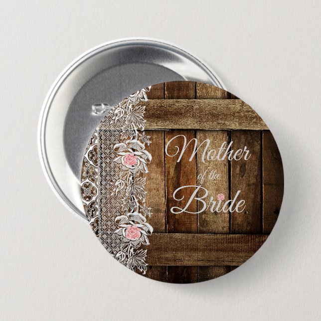 Rustic Barn Wood & Lace Wedding Mother in Law 7.5 Cm Round Badge (Front & Back)