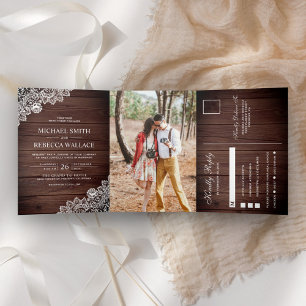 Rustic Barn Wood Lace Wedding Photo Tri-Fold Invitation