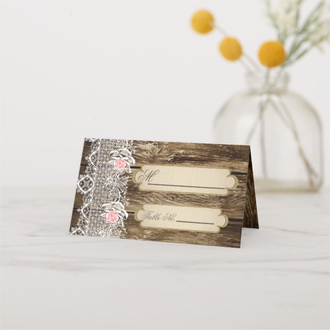 Rustic Barn Wood & Lace Wedding Place Card (Front)