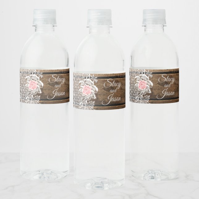 Rustic Barn Wood & Lace Wedding Water Bottle Label (Bottles)