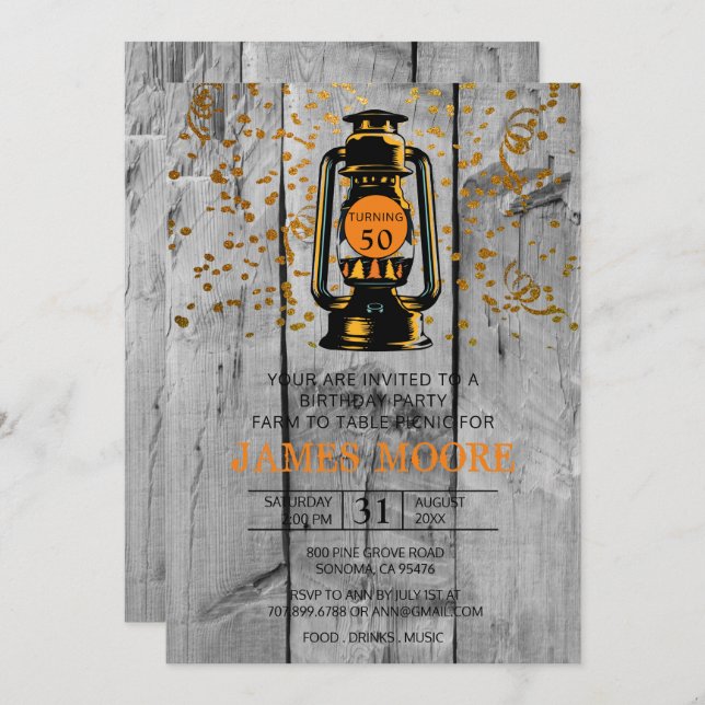 Rustic Barn Wood & Lantern 50th Birthday Party Invitation (Front/Back)