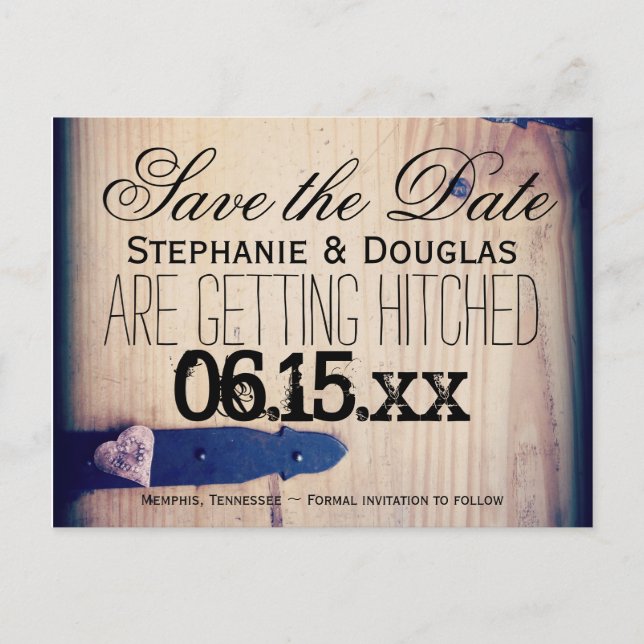Rustic Barn Wood Latch Save the Date Postcards (Front)
