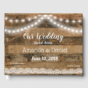 Rustic Barn Wood Lights Lace Wedding Guest Book