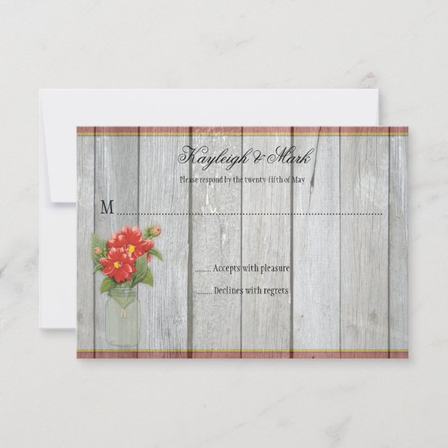 Rustic Barn Wood Mason Jar Red Dahlias RSVPs RSVP Card (Front)