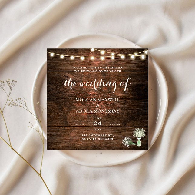 Rustic Barn Wood Mason Jar Square Wedding Invitation (Creator Uploaded)
