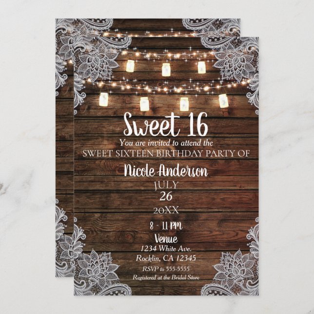 Rustic Barn Wood & Mason Jars Sweet 16 Party Invitation (Front/Back)