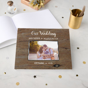 Rustic barn wood pattern photo couple wedding guest book