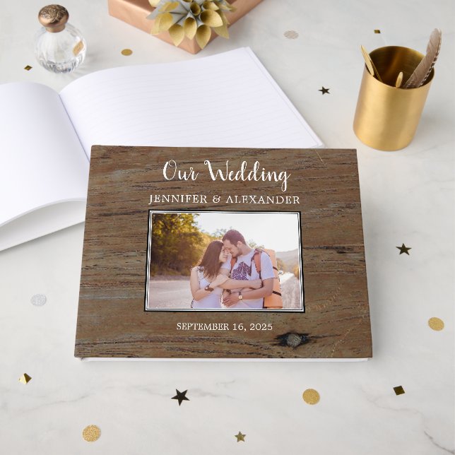Rustic barn wood pattern photo couple wedding guest book (Front Open)