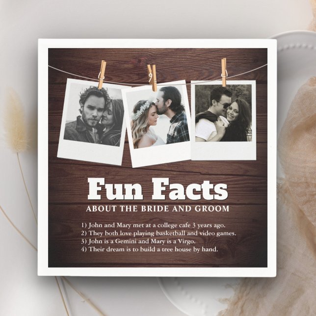 Rustic Barn Wood Photo Collage Fun Facts Wedding  Napkin (Creator Uploaded)