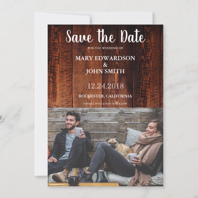 Rustic barn wood photo wedding save the date (Front)