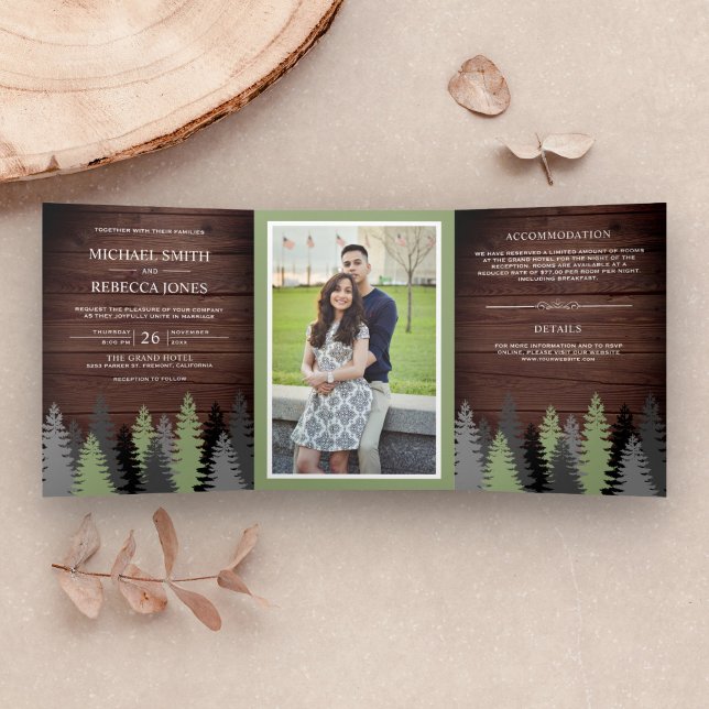 Rustic Barn Wood Pine Trees Photo Forest Wedding Tri-Fold Invitation (Creator Uploaded)