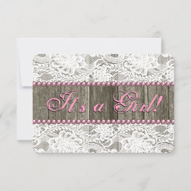 Rustic Barn Wood Pink Pearls and Lace Baby Shower Invitation (Front)