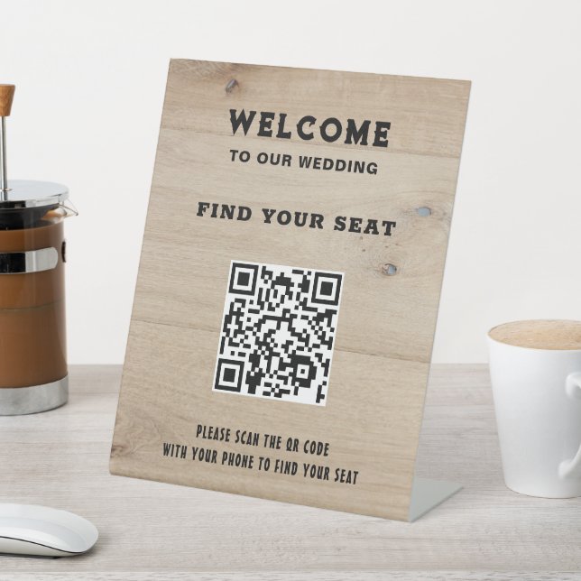 Rustic barn wood QR code country wedding seating Pedestal Sign (In SItu)