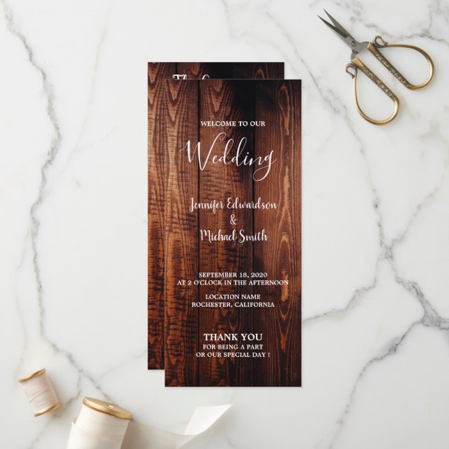Rustic barn wood script country wedding program programme (Front/Back In Situ)