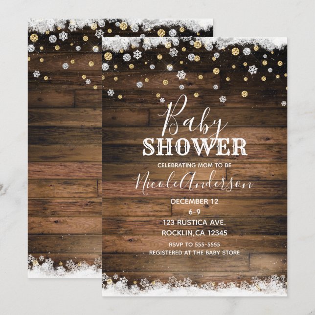 Rustic Barn Wood Silver Gold Winter Baby Shower Invitation (Front/Back)